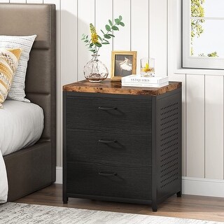 Black Nightstand with 3 Drawers Metal Wood Night Stand Mid-Century - Bed Bath & Beyond - 36012384