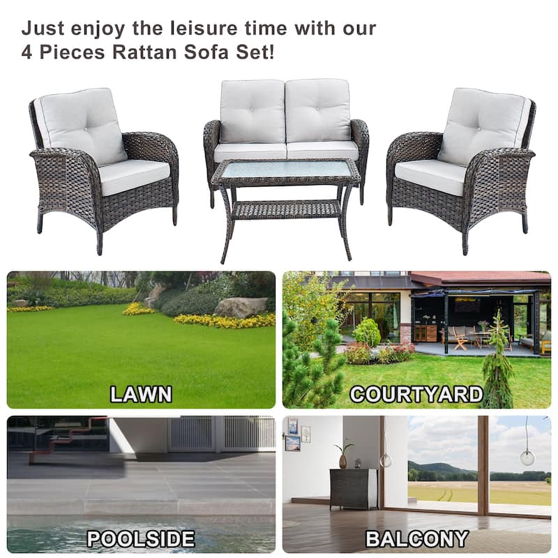 Gymojoy Outdoor Loveseat Sofa Club Chair Table Set with PE Wicker