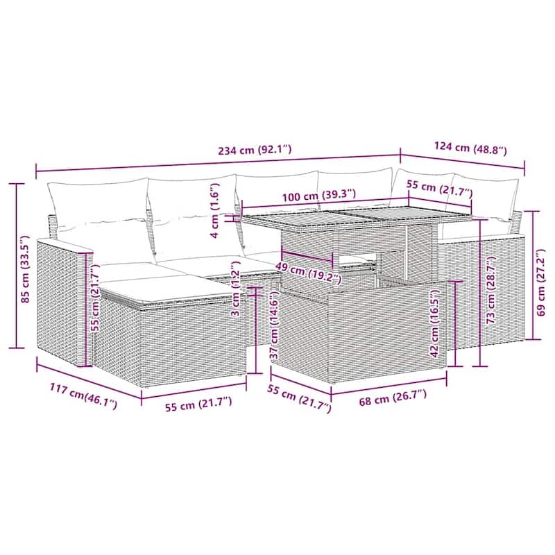 vidaXL 7 Piece Patio Sofa Set with Cushions Black Poly Rattan - 21.7 x 24.4 x 27.2