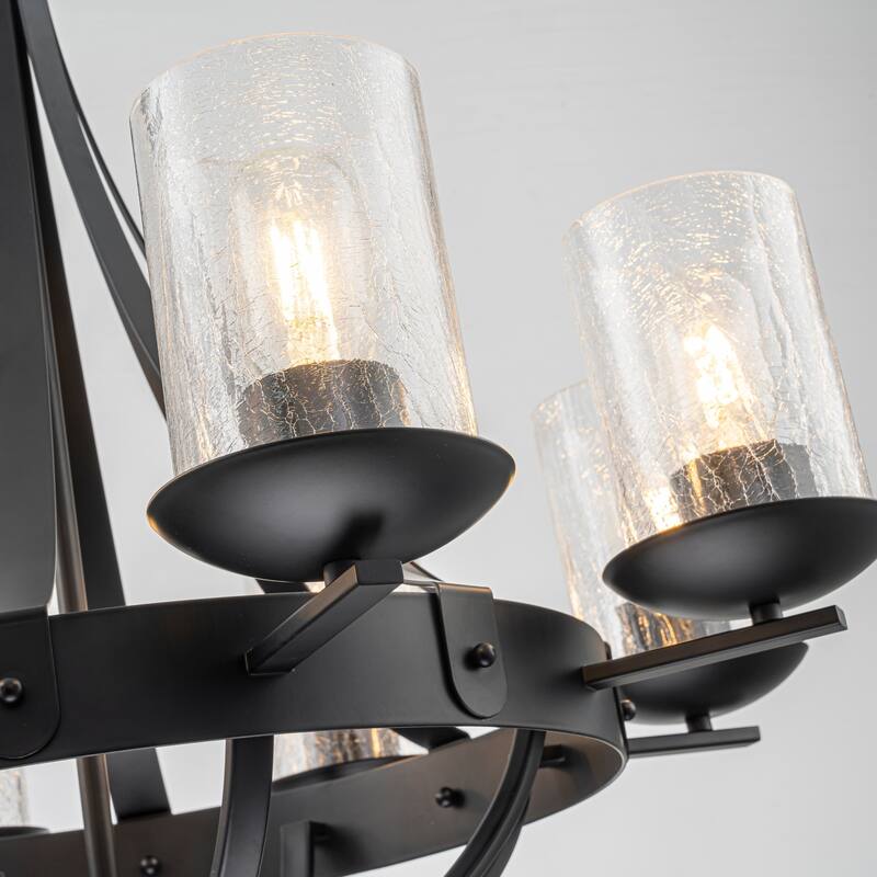 8-Light Industrial Wagon-Wheel Chandelier with Clear Cracked Glass Shades in Matte Black - 28 in. W x 28 in. H