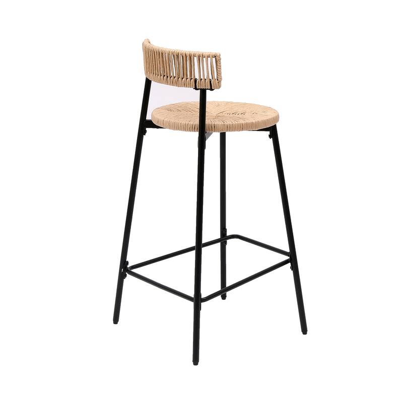 Hand Woven Bar Stools With Back Set Of 2 Paper Rope Round Barstools With Footrest
