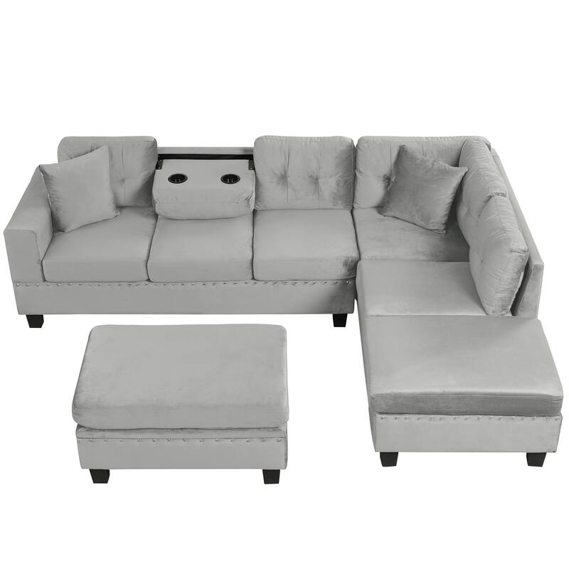 105.1" Velvet L-Shaped Sectional Sofa with Ottoman & Cup Holders