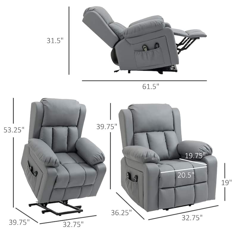 HOMCOM Electric Power Lift Chair, PU Leather Recliner Chair for Elderly with Vibration Massagge, Remote Control, Side Pockets