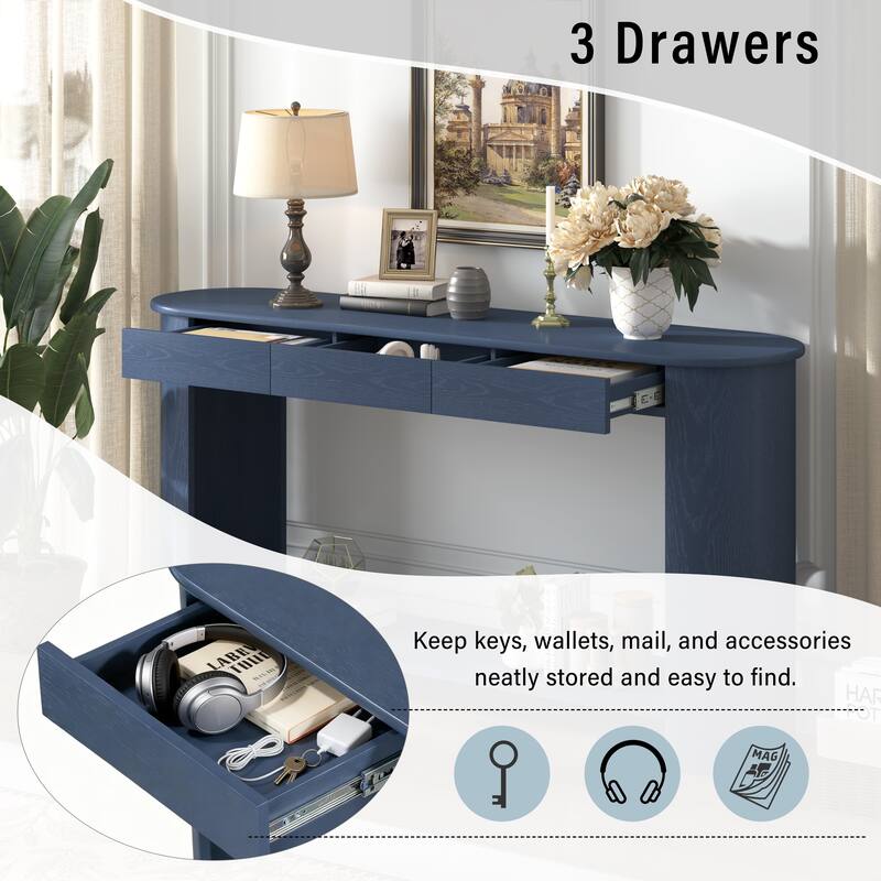 59.8"Modern Veneer Console Table with 3 Drawers,Farmhouse Entryway Table with Shelf,Wood Sofa Table with Semi-Circular Design
