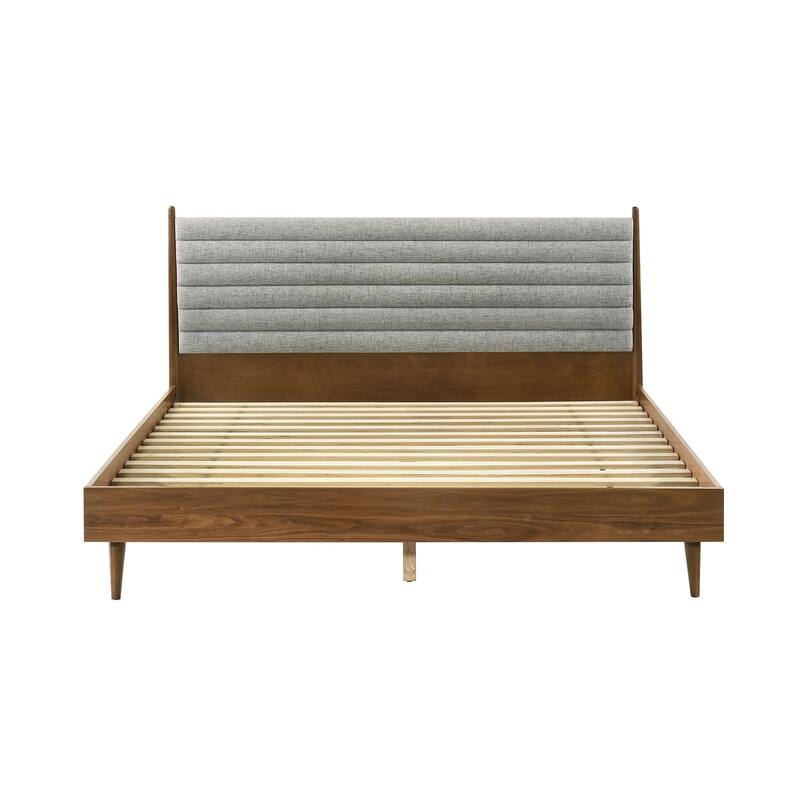 Mian King Platform Bed Frame, Channel Tufted, Walnut, Gray Upholstery