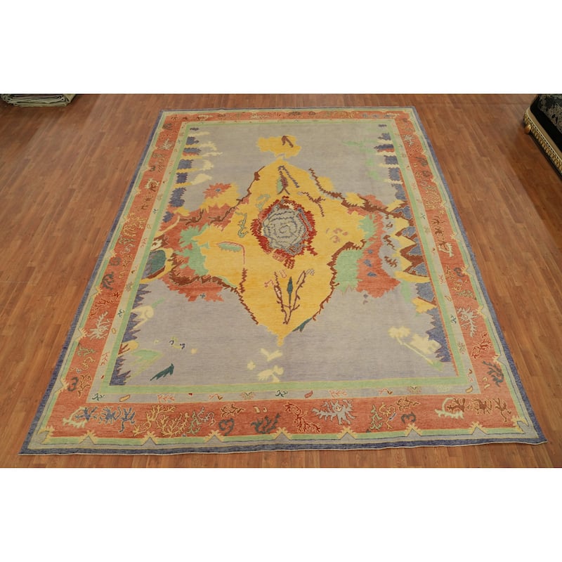 Vegetable Dye Wool Oushak Turkish Area Rug, Geometric Carpet - 12' 8'' X 10' 1''