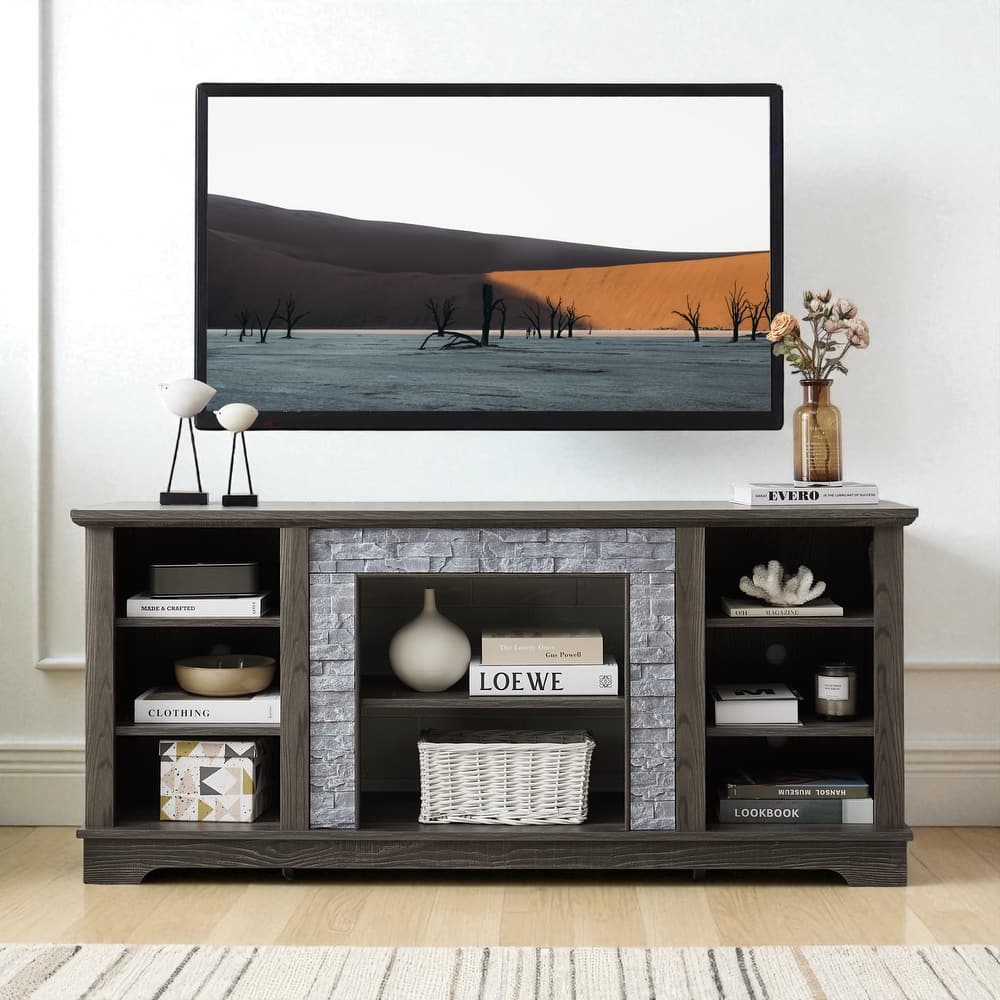 Mantel Stone 58" TV Stand with Faux Stacked Stone Surround, Modern Media Console with Open Storage & Cable Management