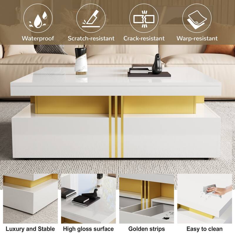 43.3" Modern Glossy Square Storage Coffee Table with 4 Drawers