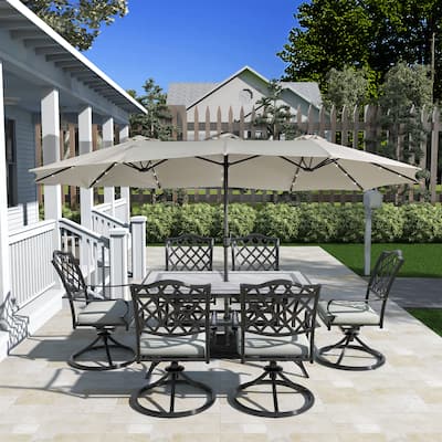 Aluminum Rectangle Patio Dining Table for 6 Seating Metal Steel Slat with Umbrella Hole