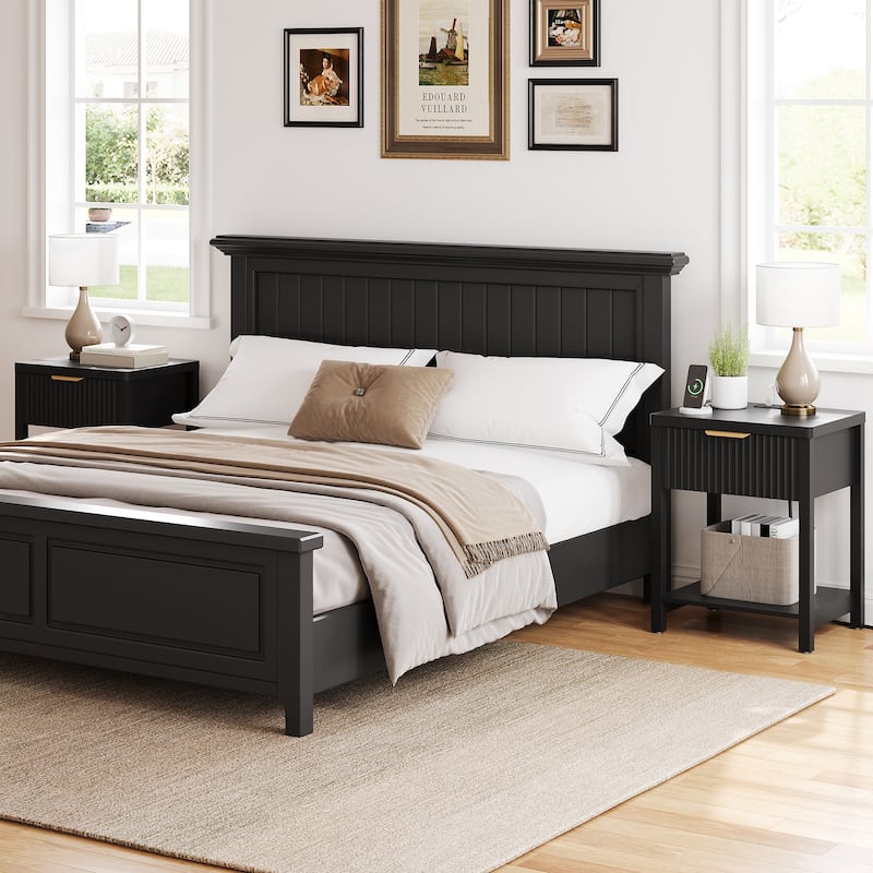 Nightstand with Drawers Fluted Bedside Table with Charging Station