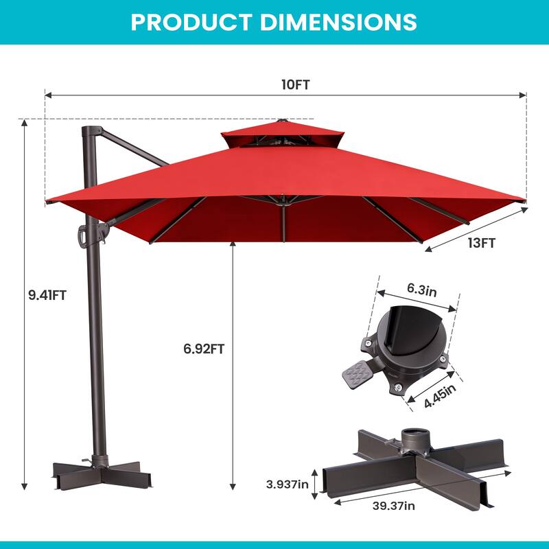 Outdoor 10X13 FT Dual Top Patio Cantilever Umbrella with Rod Base