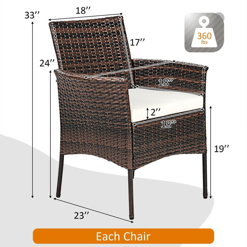 2 Pieces Rattan Arm Dining Chair Cushioned Sofa Furniture Patio - 25'' x 23'' x 33'' (L x W x H)