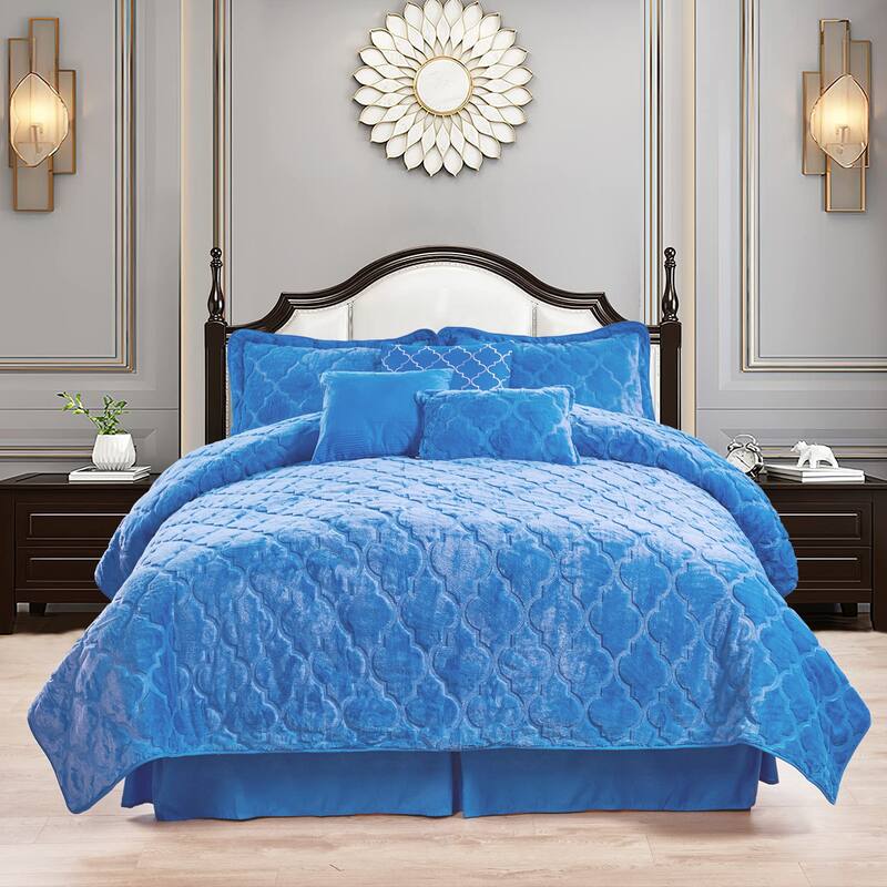 FauxFur Moroccan Design 7-piece Embroidered Quilt Set