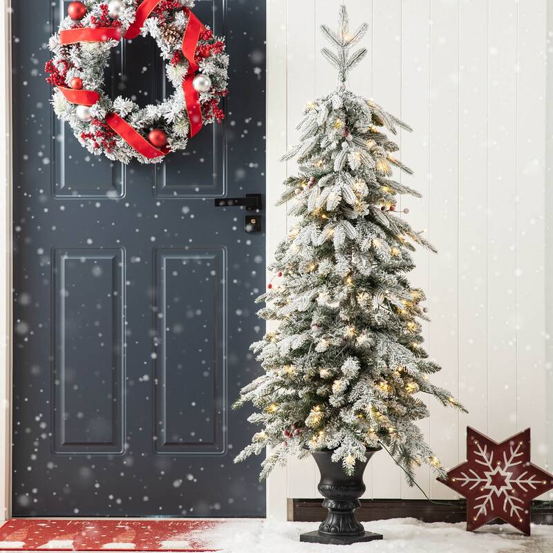 Glitzhome 4FT/5FT Pre-Lit Flocked Fir Artificial Christmas Potted Porch Trees - 5FT