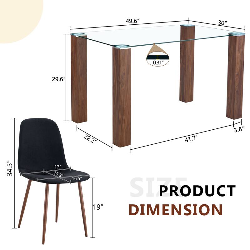 Roomfitters 5pcs Tempered Glass Dining Table Set with Walnut MDF Legs and Linen Upholstered Chairs, Black