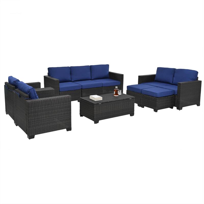 10-Piece Outdoor Rattan Sectional Sofa Set with Storage Table & Cushions