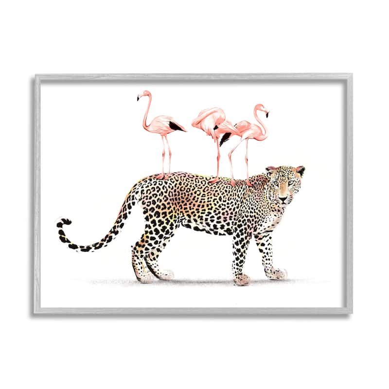 Stupell Flamingos Stacked on Leopard Fun Tropical Safari Animals Framed Wall Art - Pink