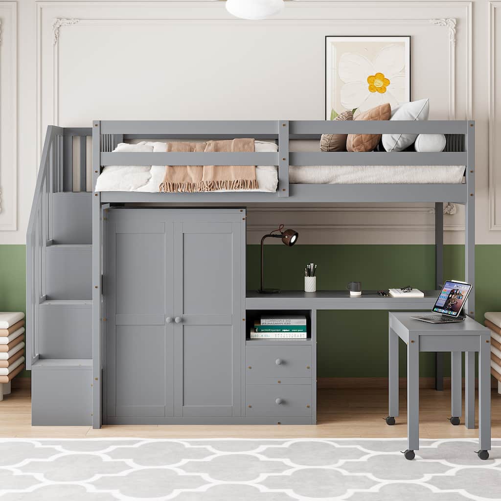 Twin/Full Size Wooden Loft Bed with Stairway and Bookshelf, Solid Pinewood Storage Playhouse Bed Frame with Desk and Wardrobe