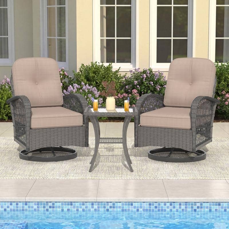360° Swivel Rocking Patio Chairs Set with Thick Cushions & Tempered Glass Table | Indoor Living Room / Balcony| 3/5-Piece - 3-Piece - Khaki - 3-Piece