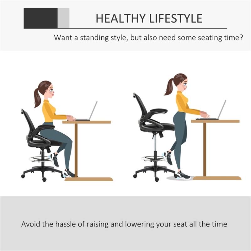 Black Ergonomic Drafting Chair Adjustable Height Mesh Fabric Swivel with Flip Up Armrests - 25.25" W x 23.5" D x 41.75"-49.5" H