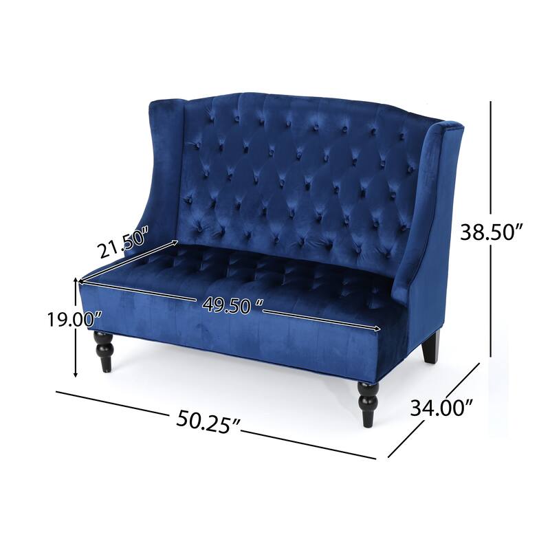 Navy Blue 50.25" Velvet Button Tufted High Wingback Loveseat Sofa with Wood Legs for Living Room