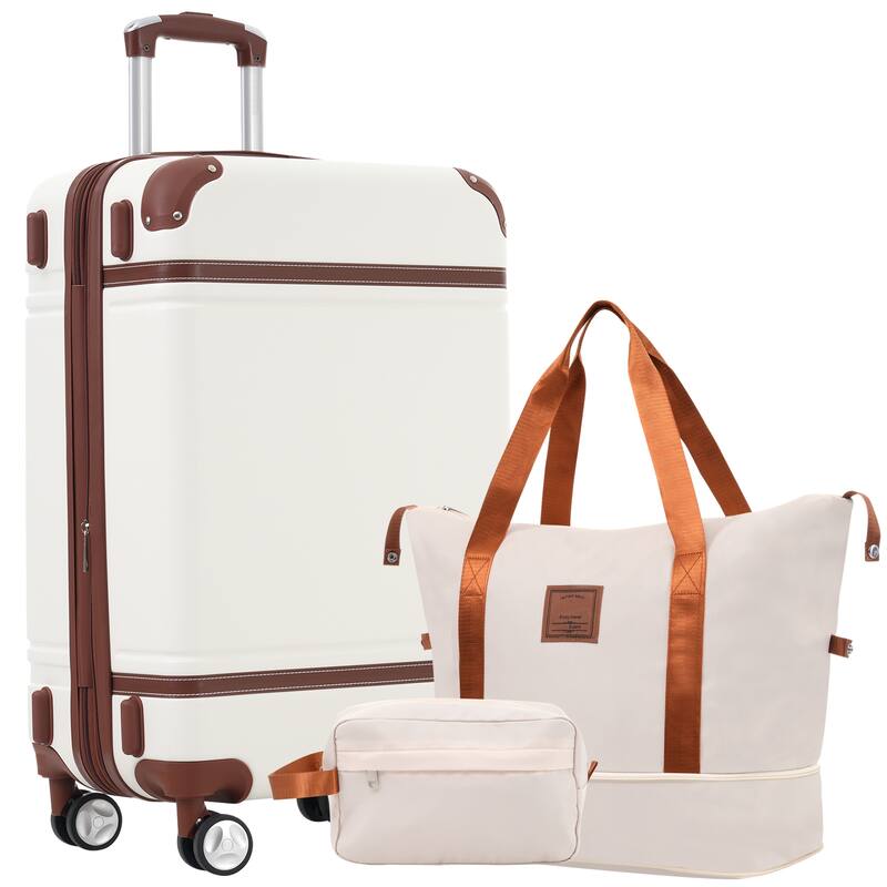 Hardshell Luggage Sets with Bags Lightweight Suitcase Double Spinner Wheels with TSA Lock, Single Vintage Luggage 28 IN - White