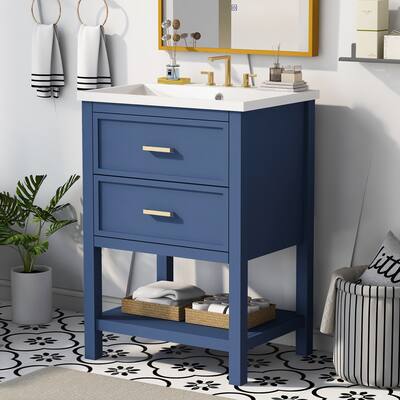 Sleek Modern Bathroom Vanity with Undermount Sink, U-Shaped Drawer, Smooth Metal Slides, Blue and Gold Design
