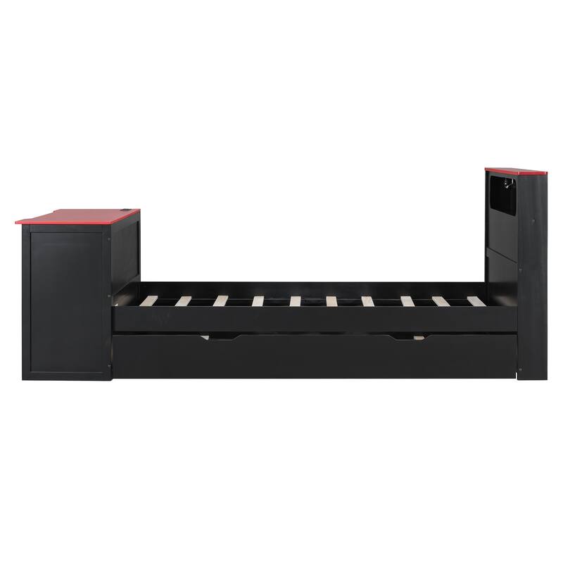 Wood Daybed with Trundle & Built-in Desk, LED Lights & USB Charging Port, Available in Full or Twin