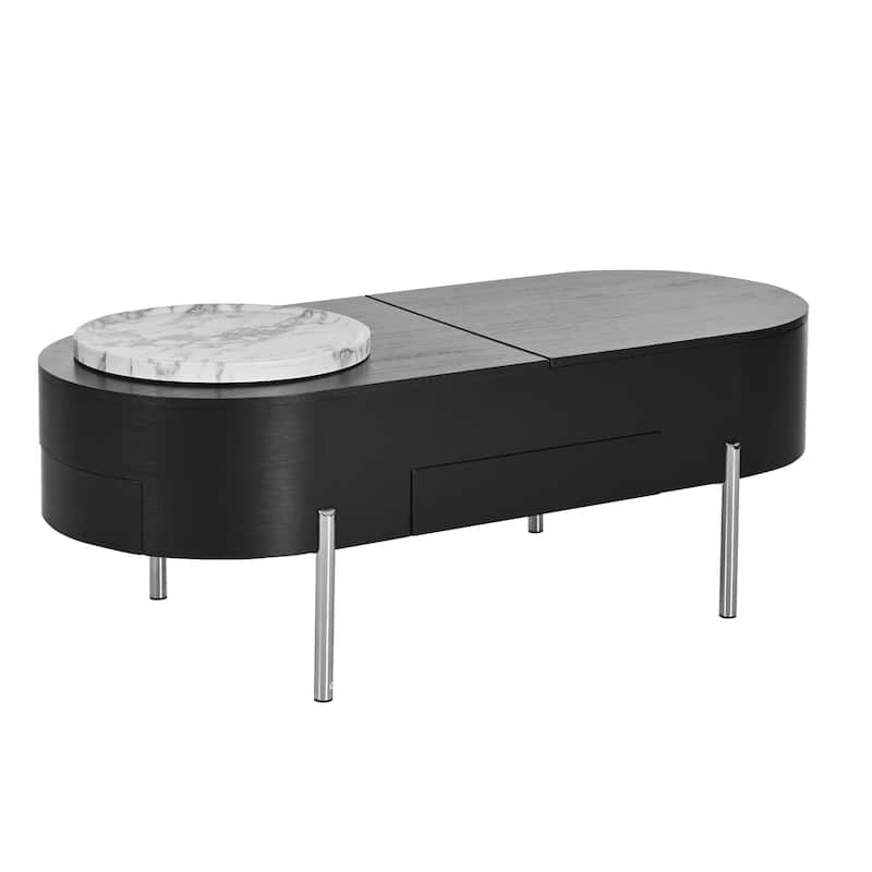 47.2" Lift Top Coffee Table with 360° Rotating Tray - Marble-Patterned Modern Oval Table with Hidden Compartment for Living Room