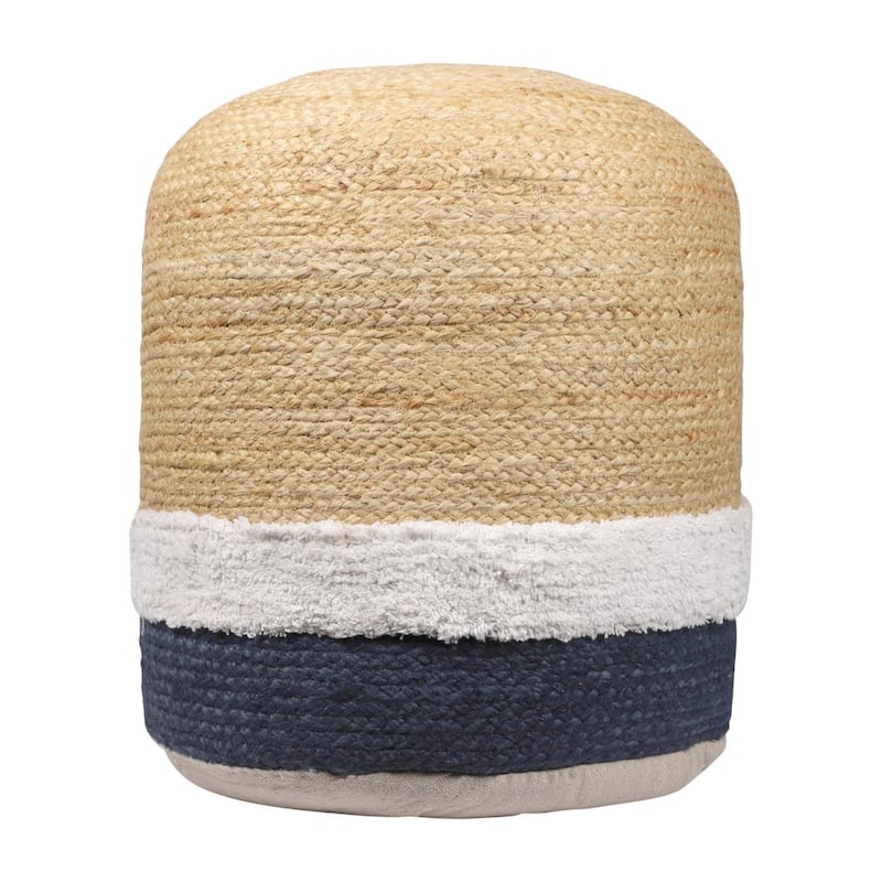 HomeRoots 18" Natural And Navy Blue Jute Blend Cylinder Striped Pouf Ottoman
