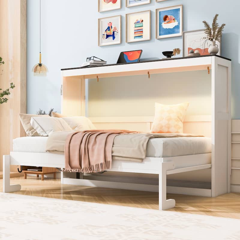 Space-Saving Foldable Twin Bed with LED Light and Cabinet, White+Brown