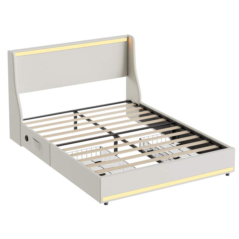 VECELO Modern LED Upholstered Platform Bed Frame with 2 Storage Drawers, USB & Type-C Ports, Full/Queen Size Bed