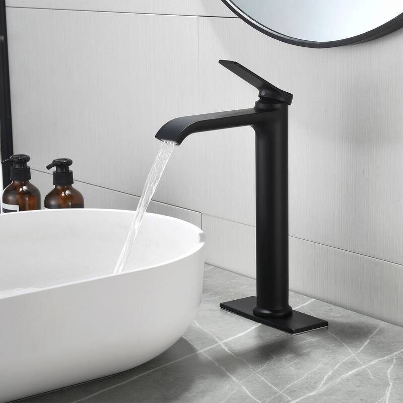 10.9"H Solid Brass Single-handle Bathroom Sink Faucet - Matte Black