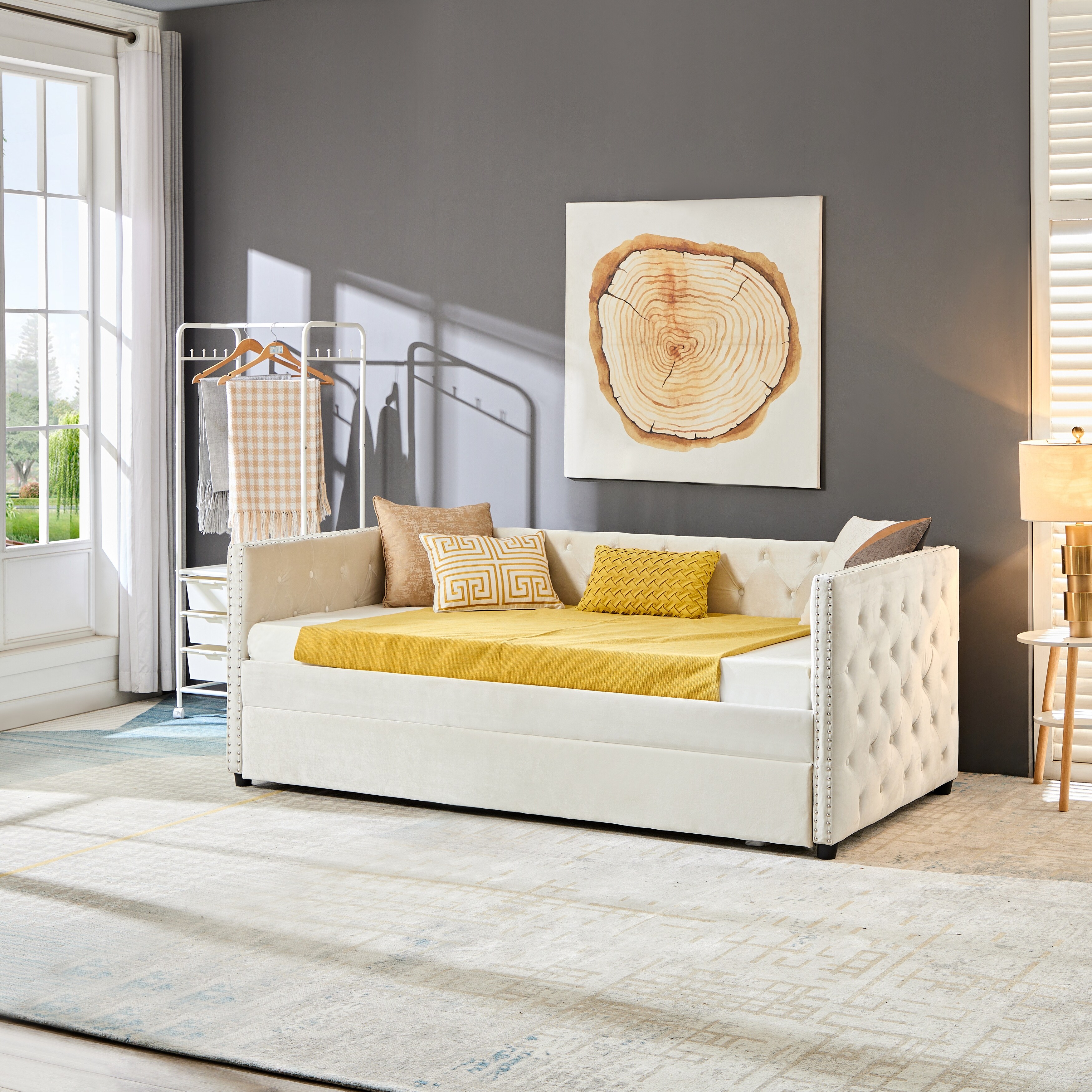 Twin Size Button Tufted Daybed Frame Velvet Upholstered Sofa Bed with Twin Size Trundle Bed Frame for Bedroom Beige Bed Bath Beyond 39381451