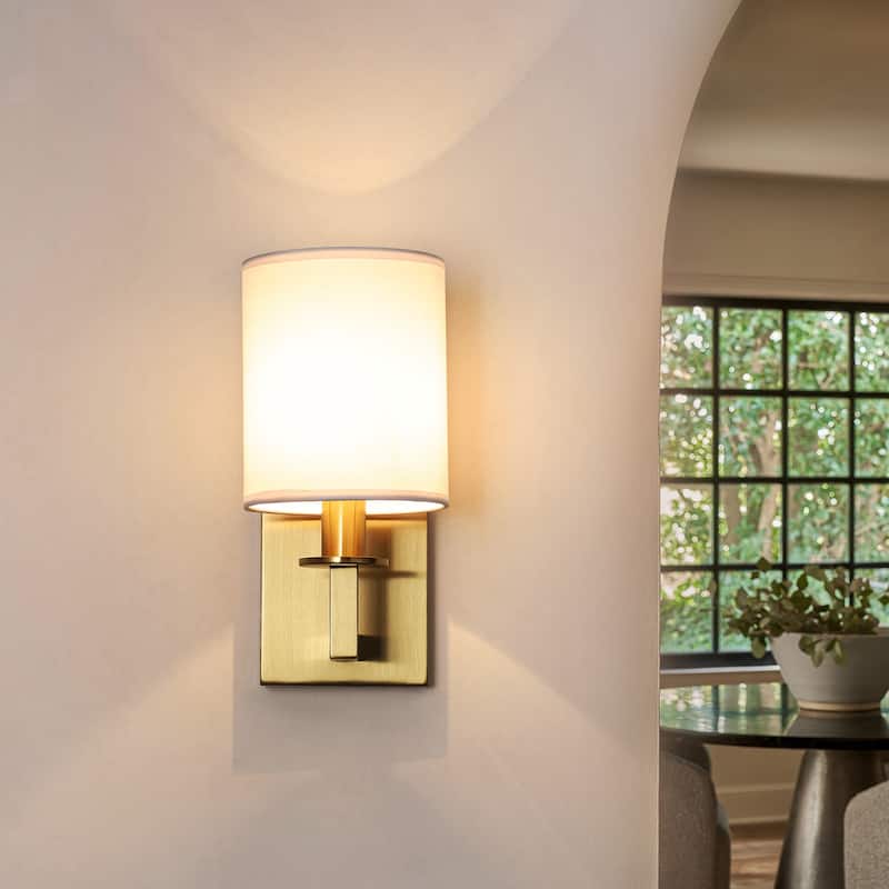 1-Light 5.5" W Modern Gold Cylinder Metal Flush Mount Wall Sconce/Bathroom Vanity Light with White Fabric Shade