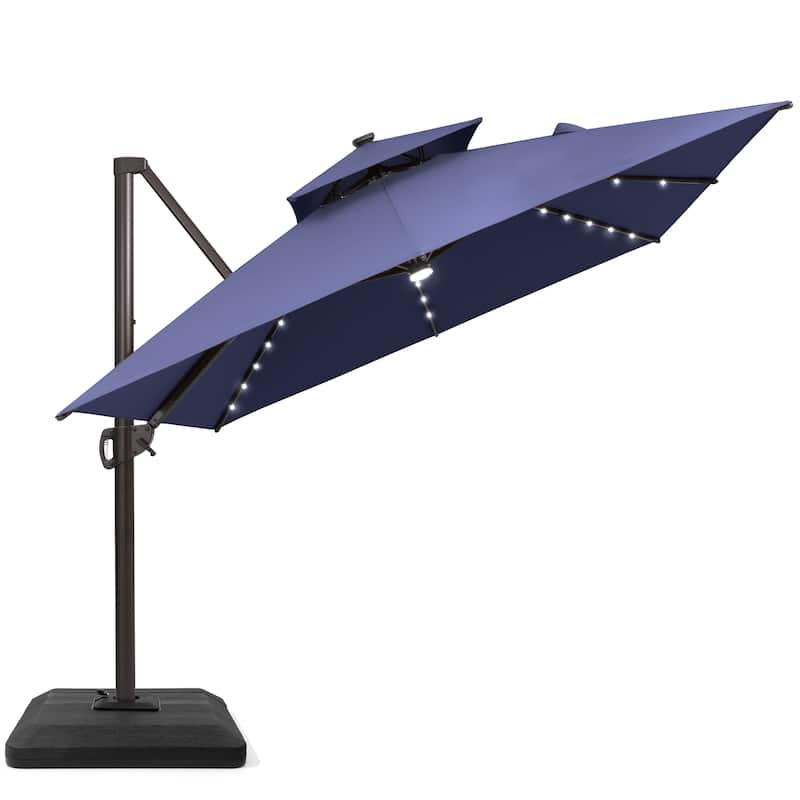 10X13 FT Outdoor Cantilever Patio Umbrella Solar LED Light with Weights Base - NavyBlue