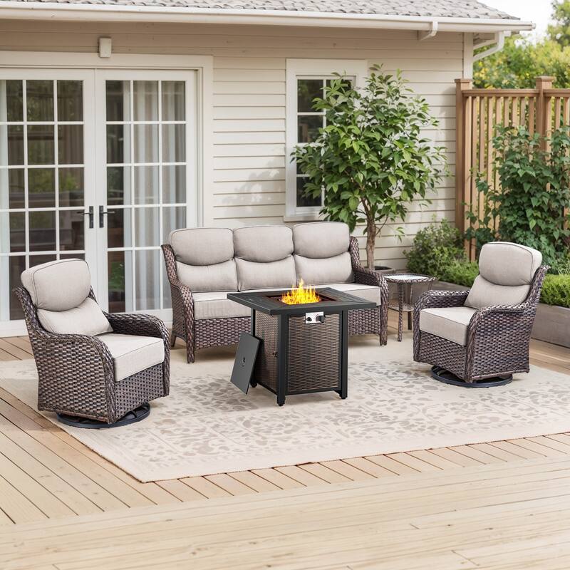 Pocassy 4/5PCS Patio Sofa Swivel Chair with 30" Fire Pit Tab;e - 5-Piece Sofa Siwvel Chair Table w/ Fire Pit Table - Beige Cushion Brown Wicker