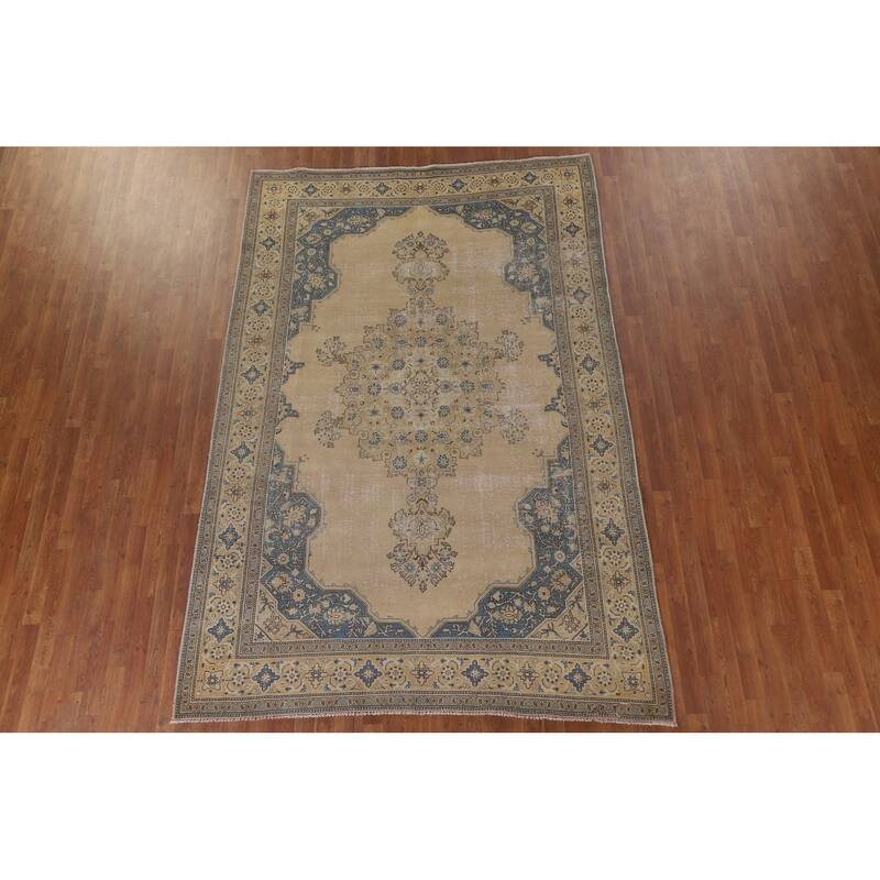 Hand Knotted Oriental 100% Wool Carpet Traditional Medallion Beige & Ivories Tabriz Area Rug - 10' 3'' X 6' 9''
