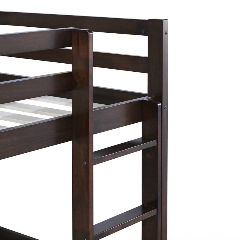 Wooden Twin over Twin Floor Bunk Bed with Ladder, with Bed Platform of Strengthened Slats