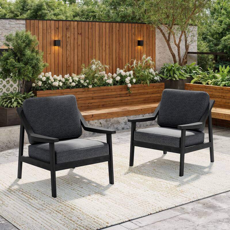 Solid Wood Outdoor Arm Chair Loveseat with Cushion - Black/Dark Grey - 2 Club chairs
