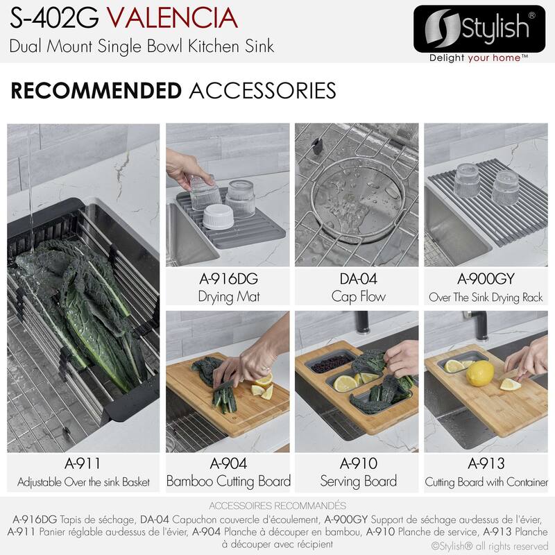 STYLISH Dual-Mount 31" Single-Bowl Stainless Steel Kitchen Sink with Grid and Strainer - 31" x 18" x 9"