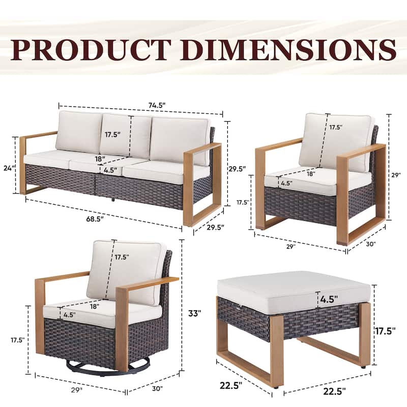 Gymojoy 7 Pieces Patio Sofa with Rattan Swivel Rocking Chair Ottomans Outdoor Conversation Set