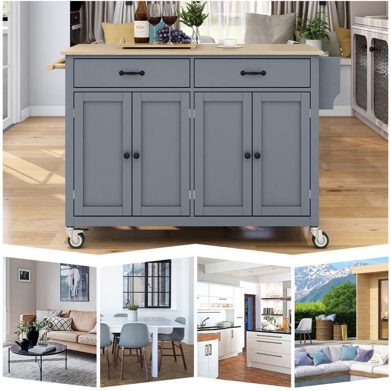 Roomfitters Kitchen Island Cart with Solid Wood Top - 4 Door Cabinet, Two Drawers, Adjustable Shelves, Spice & Towel Rack