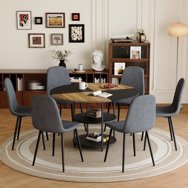 A 47.3-Inch Diameter Modern Splicing Circular Dining Table Set- Double-Layer Storage,Paired with 6 Fabric Chairs - Grey