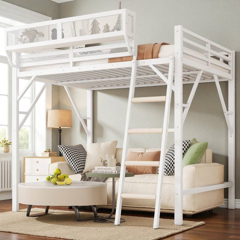 Full/Queen Size Metal Loft Bed with Storage Shelves, Guardrails, and Ladder, Space-Saving High Loft Bed for Kids and Teens