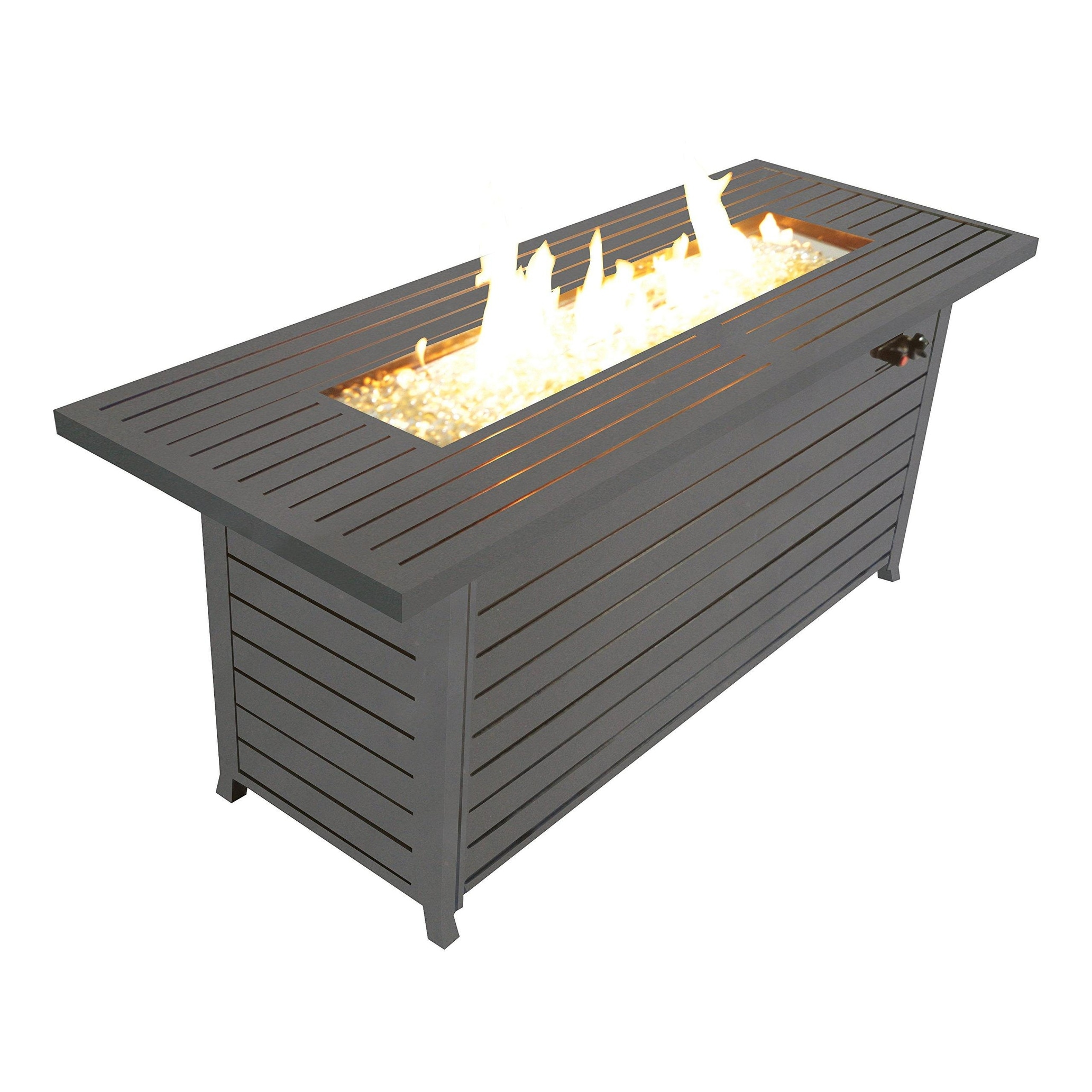 IGEMAN 57in Outdoor Retangular Durable Aluminum 50000BTU Gas Propane Fire Pit Table with Slats Looking, Lid, Fire Glass for Backyard
