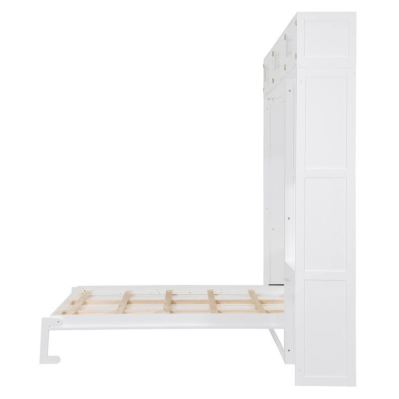 Full/Queen Size Murphy Bed Wall Bed with Desk & Top Cabinet, Folding Murphy Cabinet Bed w/ Storage Shelves, Space Saving Design