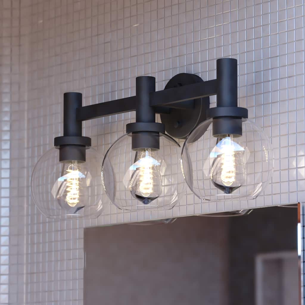Marshall Matte Black Bathroom Vanity Lighting Fixture, Clear Glass Globe Shade, Dimmable, LED Compatible, Over the Mirror Mount
