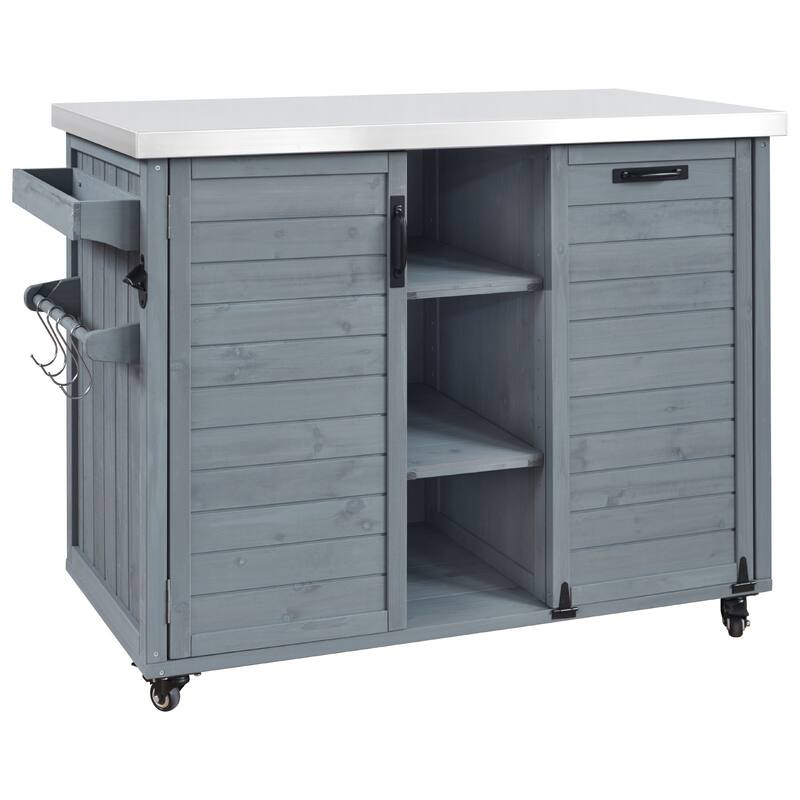 78.3" Outdoor Kitchen Island with Foldable Grill Table, Wooden Cart with Trash Storage & Stainless Steel Top for Lawn & Garden