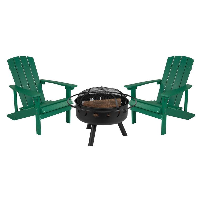 Star and Moon Fire Pit with Mesh Cover & 2 Poly Resin Adirondack Chairs